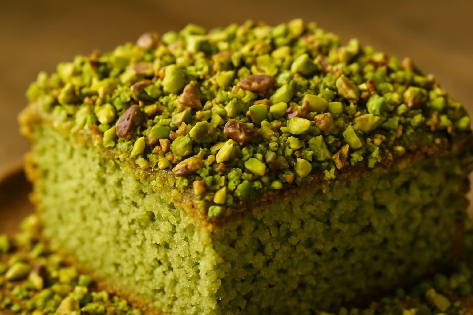 Green Pistachio granules on pistachio cake